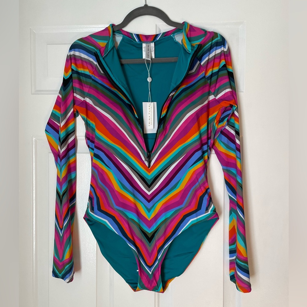 Trina Turk Multi-Color Chevron Long-Sleeve One-Piece Swimsuit - Picture 6 of 13